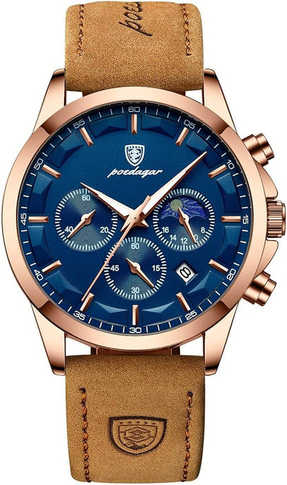 Poedagar 928 Men's Quartz Watch with a black dial and tan leather strap