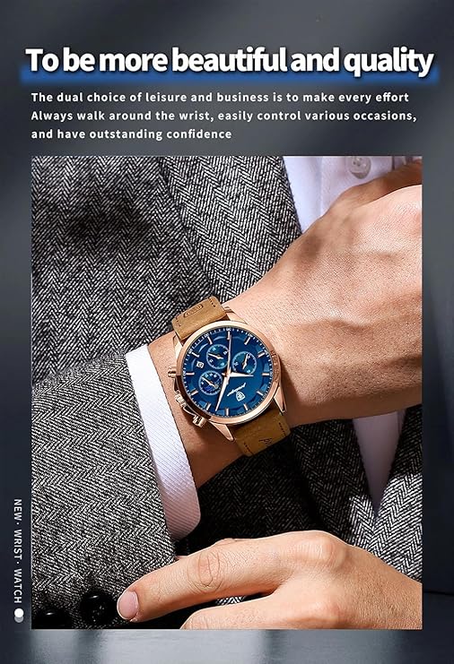 Poedagar 928 Men's Quartz Watch with a black dial and tan leather strap