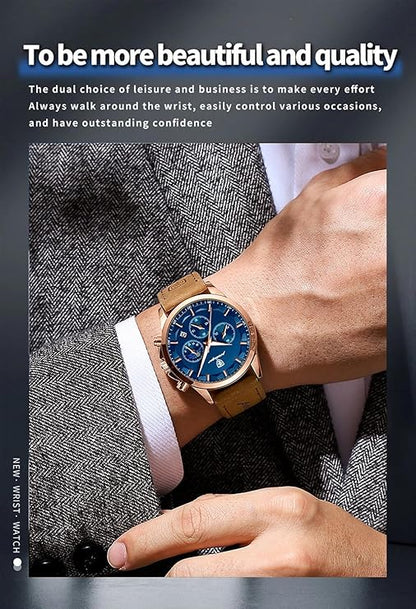 Poedagar 928 Men's Quartz Watch with a black dial and tan leather strap