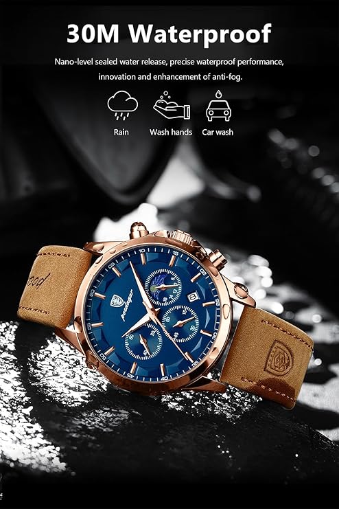 Poedagar 928 Men's Quartz Watch with a black dial and tan leather strap