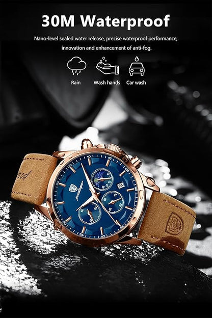 Poedagar 928 Men's Quartz Watch with a black dial and tan leather strap
