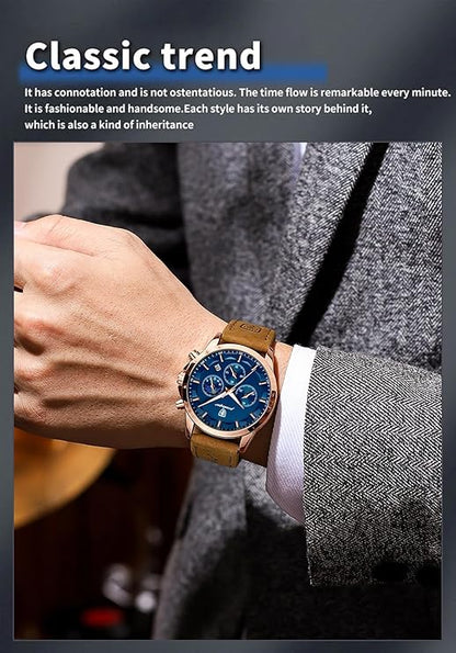 Poedagar 928 Men's Quartz Watch with a black dial and tan leather strap